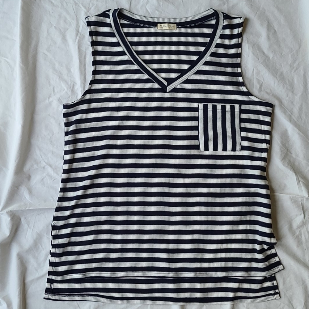 Navy blue and white striped sleeveless top